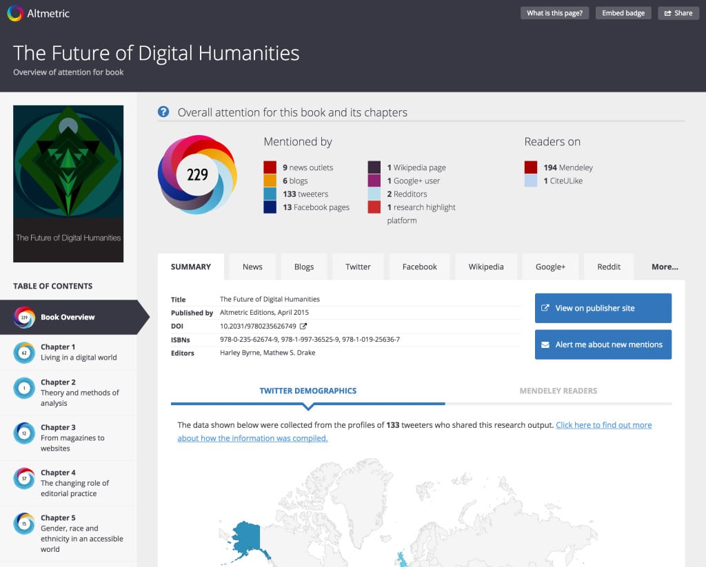Interface of book details with Altmetric badge