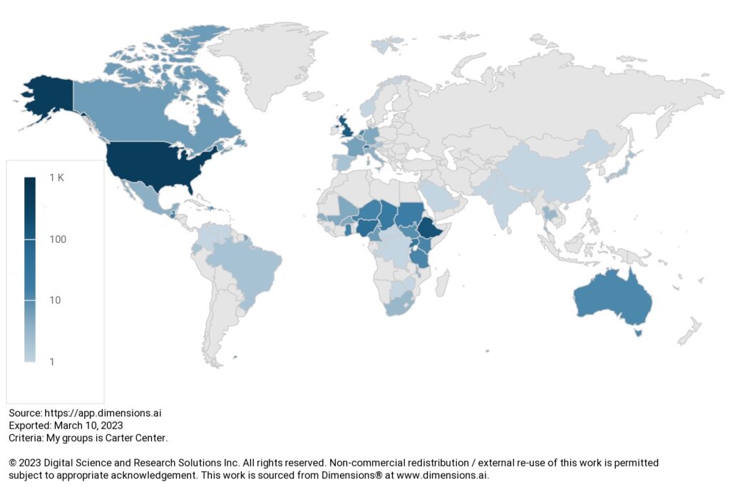 Global map - Academic publications by authors at the Carter Center 1986-2022