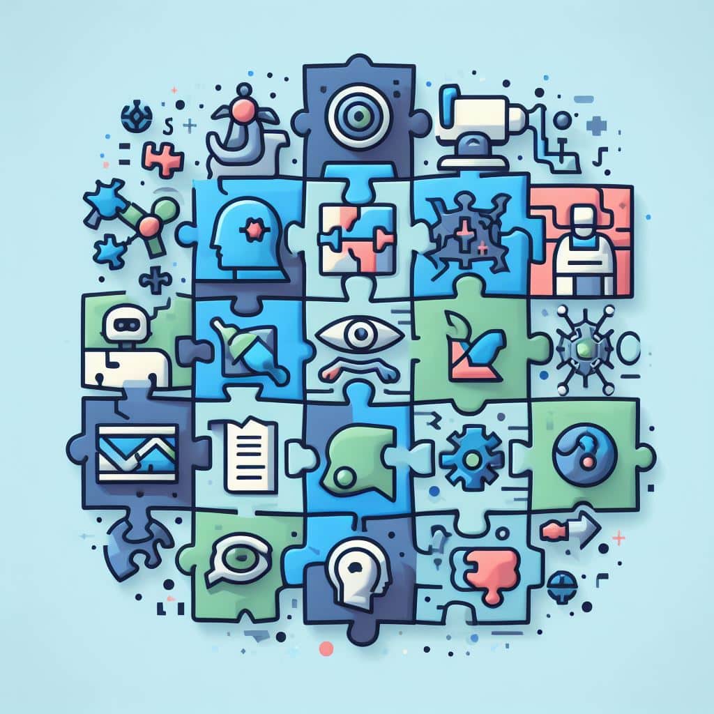 GenAI jigsaw puzzle illustration icons representing aspects of AI