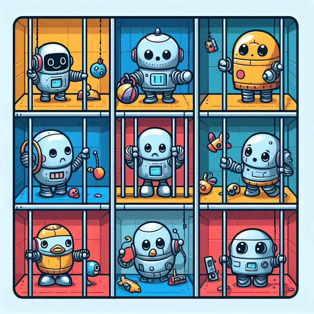 genai illustration divided in 10 sectors. In 6 sectors robots are happily playing but in other sectors the robots look sad and are behind bars