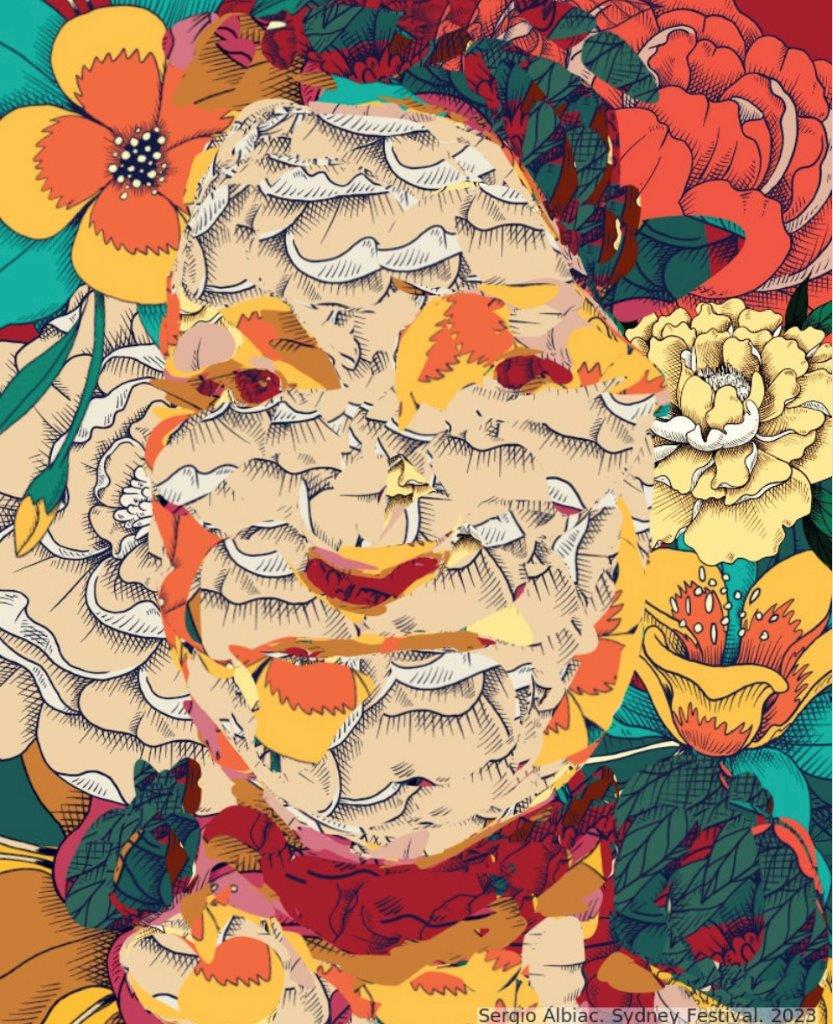 Abstract portrait illustration in the style of Frida Kahlo