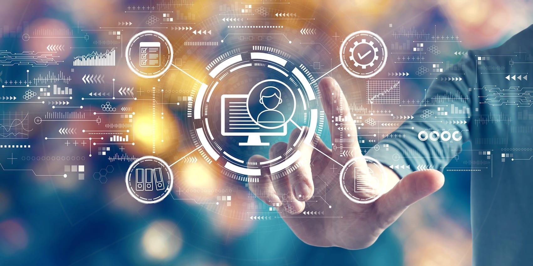 GenAI image of man's hand pointing to transparent graphic of icons