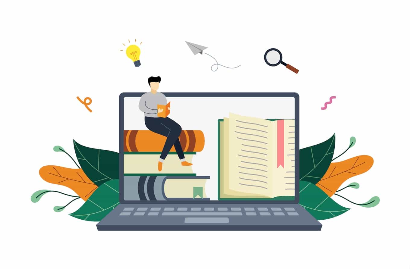 Illustration in a clip art style of a tiny man sitting on a chair on top of an open laptop keyboard