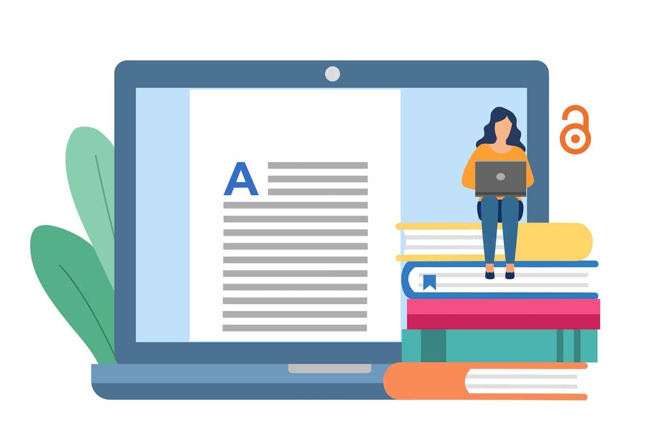Open Access monographs concept graphic - Illustration of woman sitting on stack of books in front of a laptop with a document showing on the screen