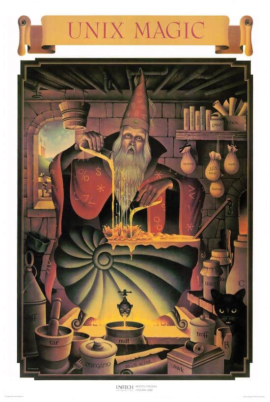 The classic UNIX Magic poster by Gary Overacre showing wizard practicing alchemy