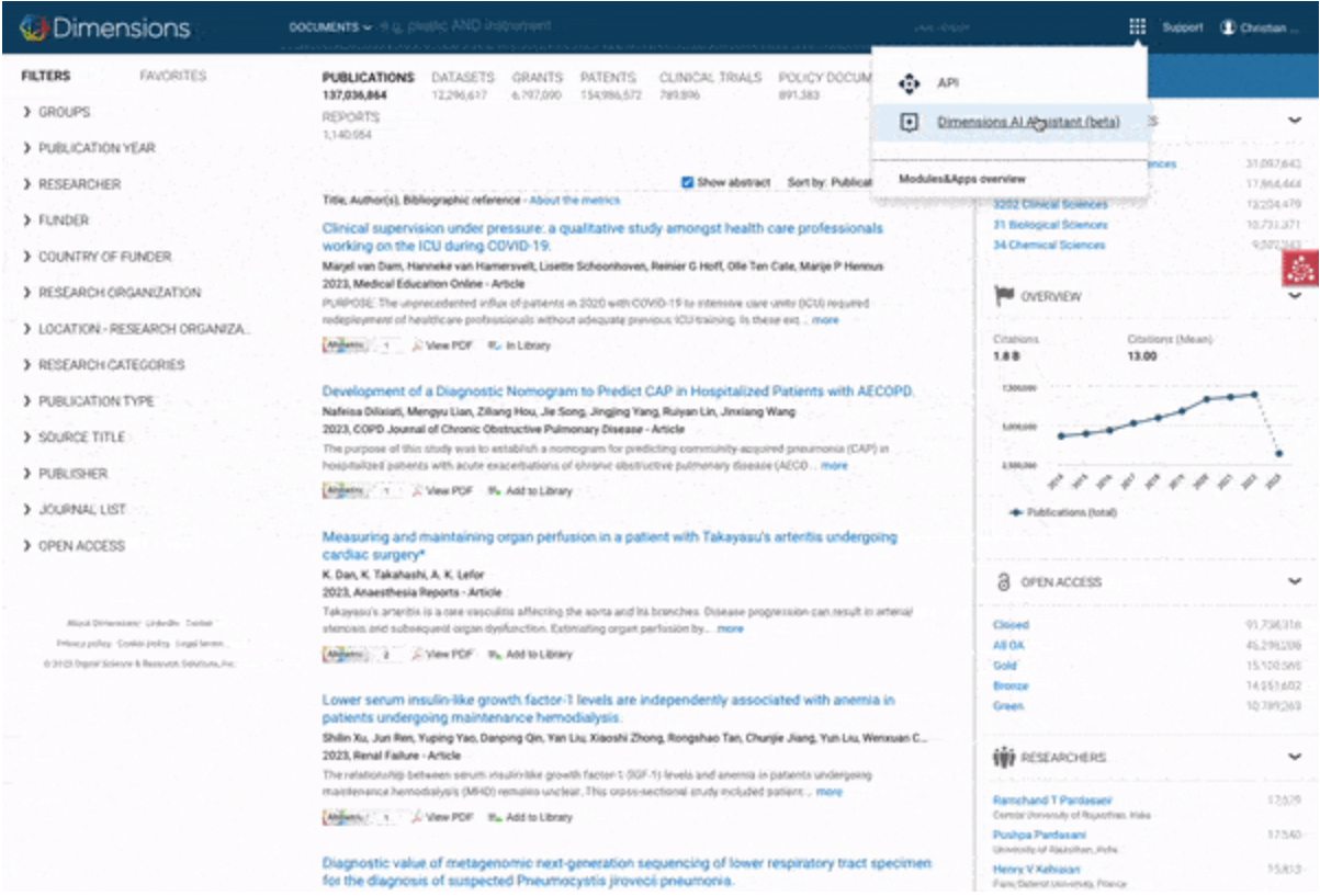 Screenshot of interface of Dimensions Assistant
