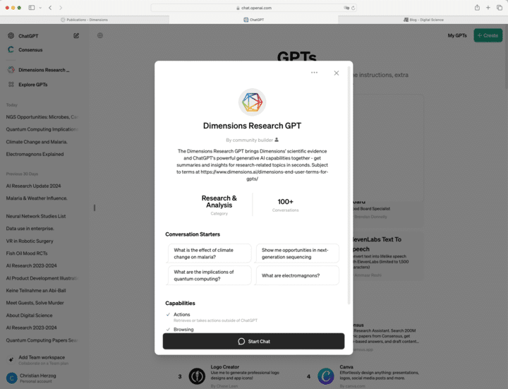 Screenshot of Dimensions GPT interface