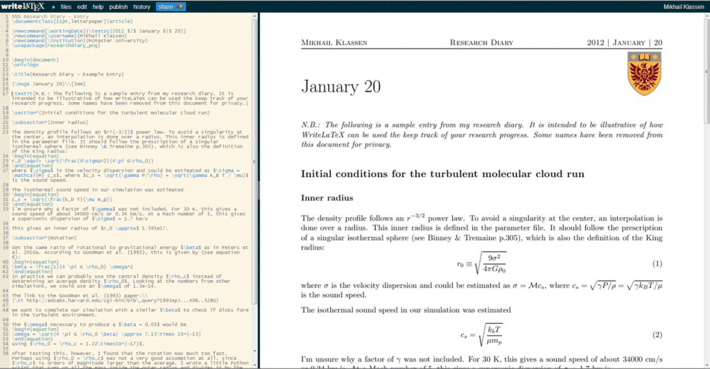 view of WriteLaTex editor interface
