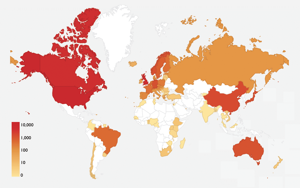 map - The distribution of grants awarded to countries for research on ‘climate change’