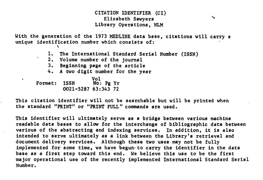 photo of text from Excerpt from the National Library of Medicine Technical Bulletin 1972