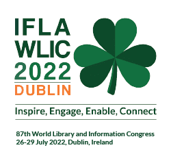 An image of a shamrock, and the words - IFLA WLIC 2022 Dublin - Inspire, Engage, Enable, Connect. 26-29 July 2022